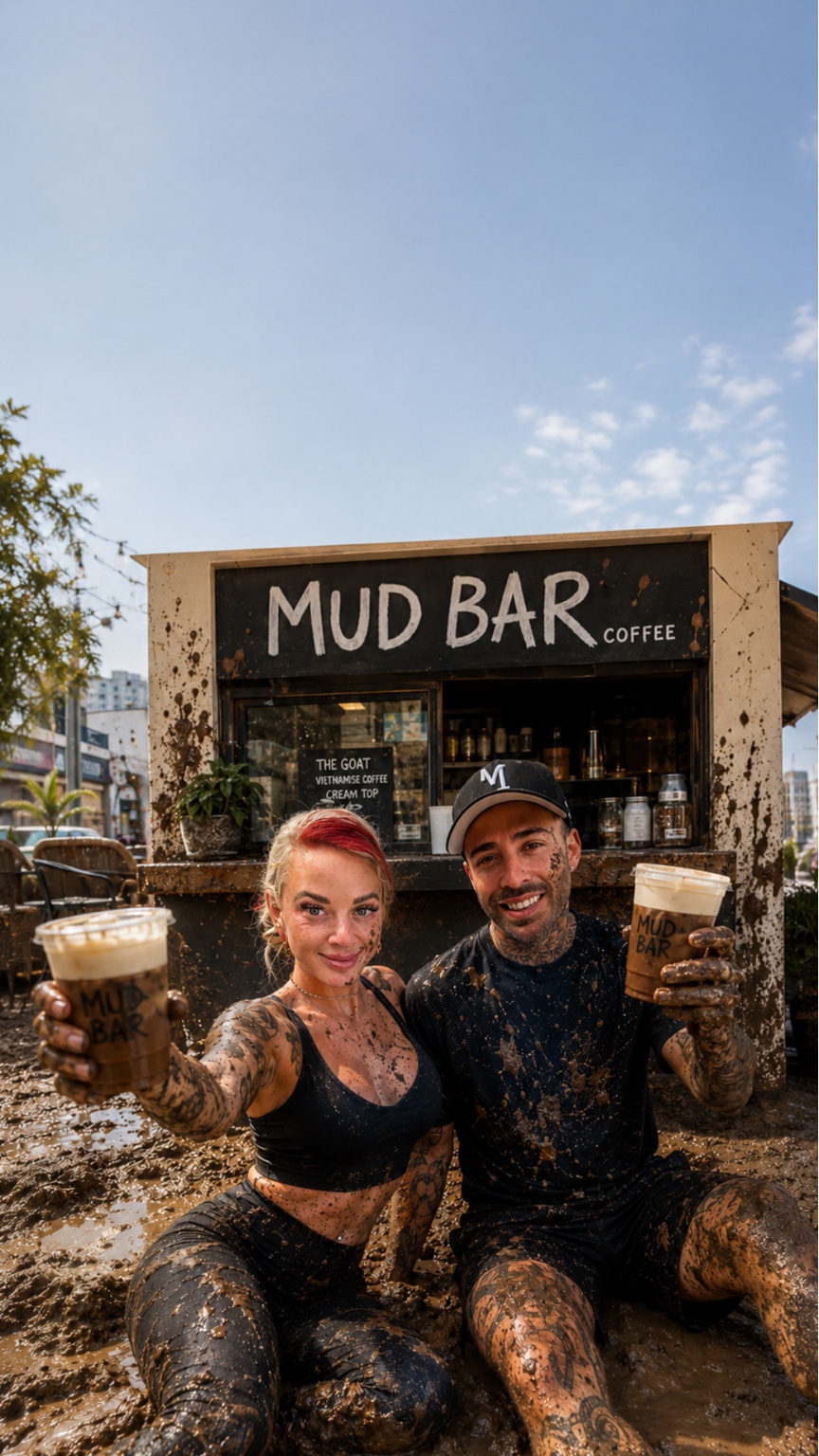 Lana and Kyle holding iced coffees in a playful mud themed Mud Bar cover