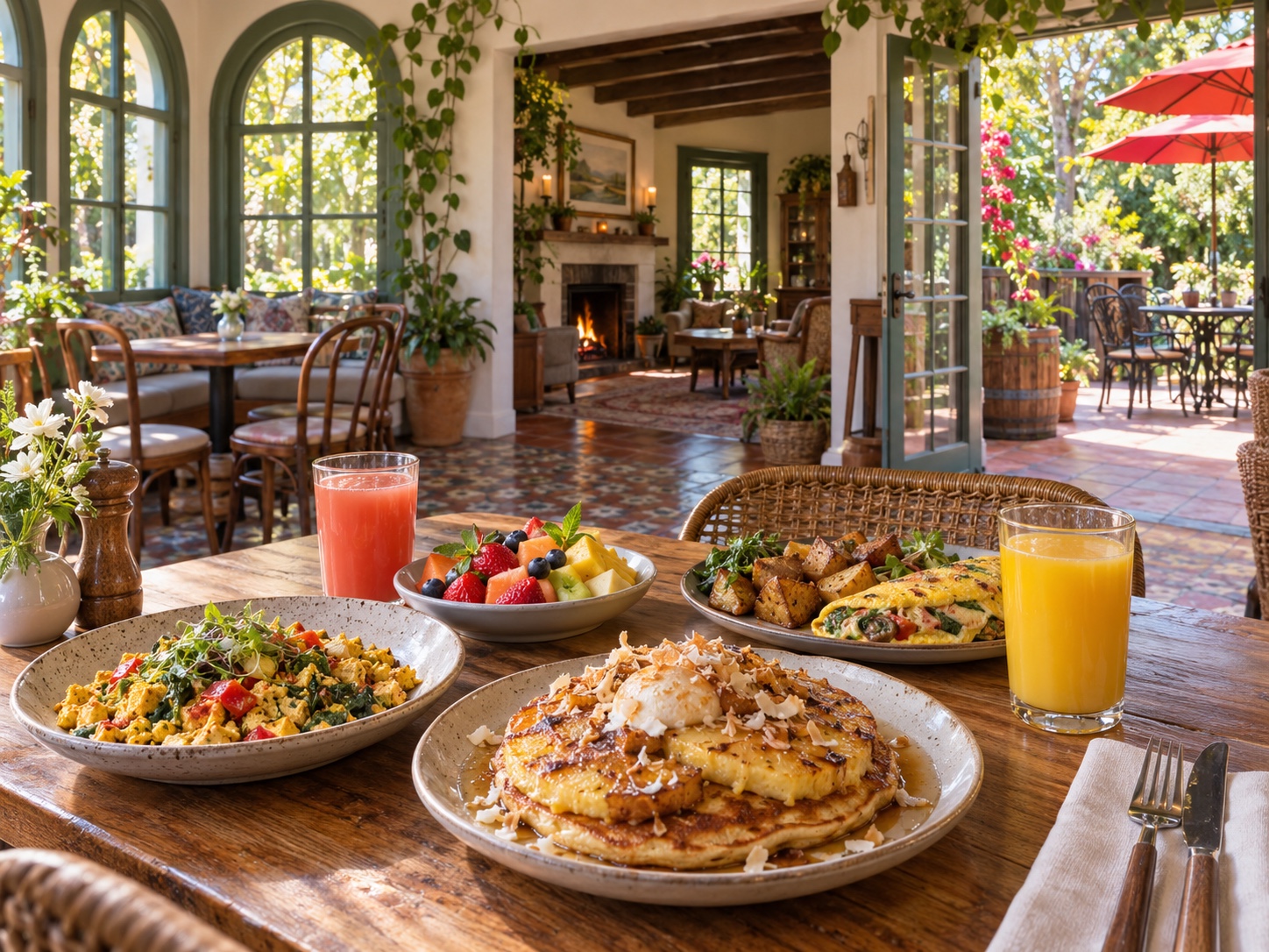 Brunch dishes in a cozy house style dining room