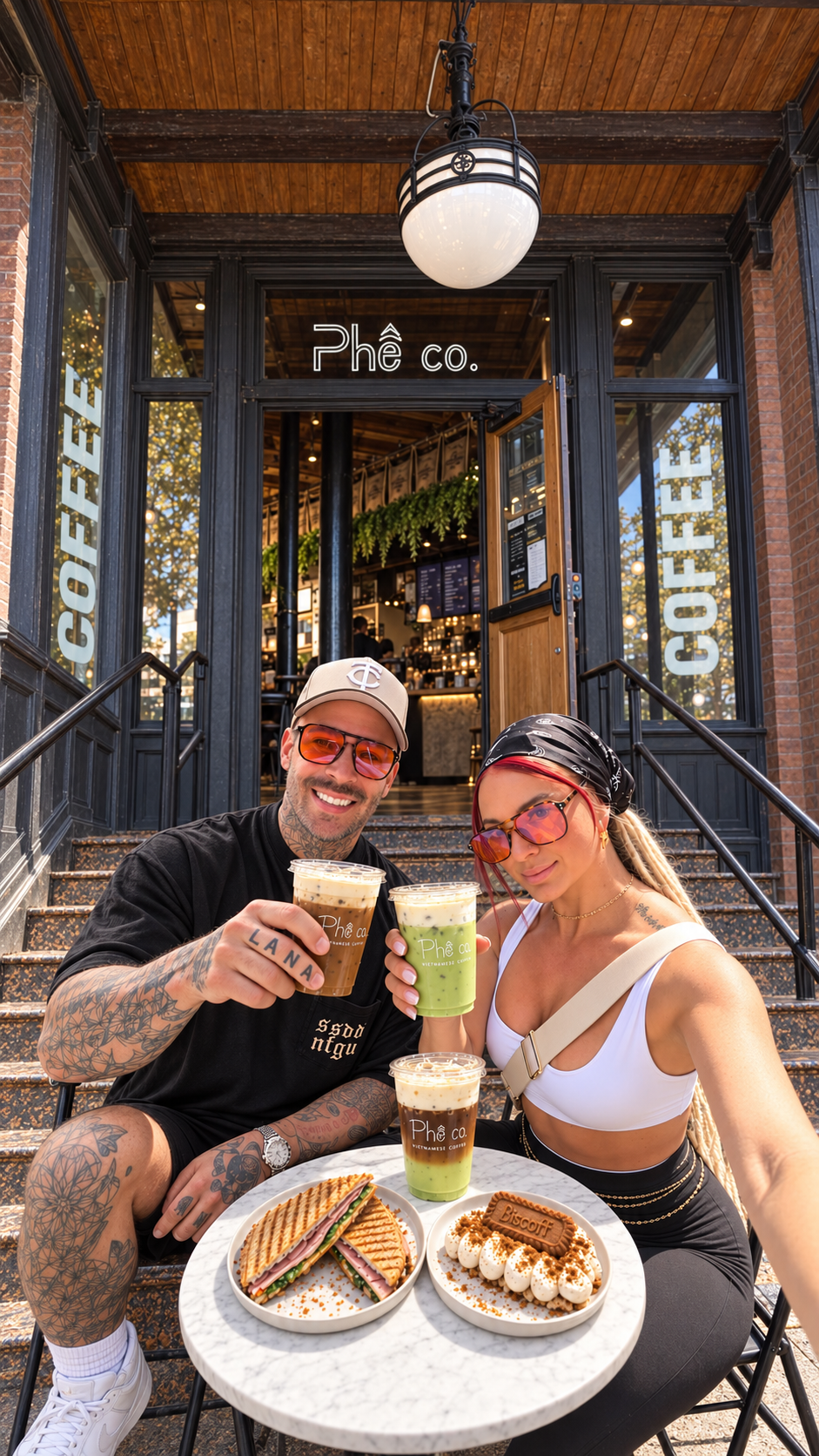 Lana and Kyle outside Phê Coffee House with three drinks, a panini and Biscoff Croffle