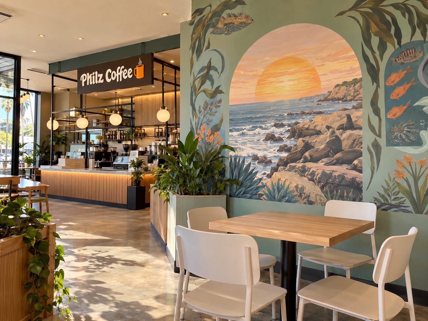A bright Philz Coffee interior with a coastal mural and warm wood seating