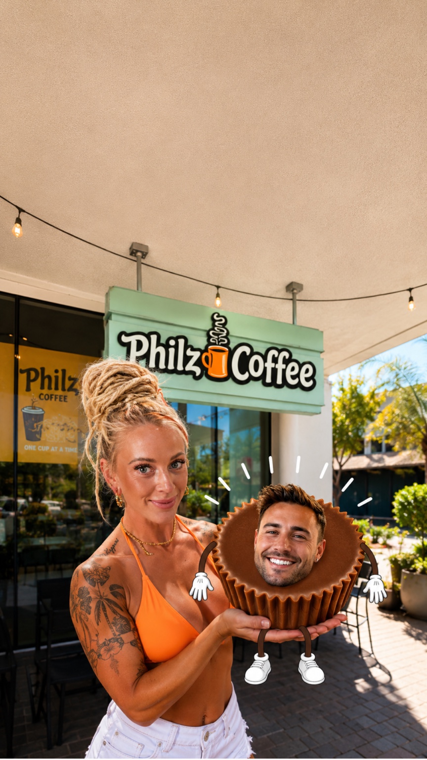 Lana holding a playful peanut butter cup version of Kyle outside Philz Coffee in La Jolla