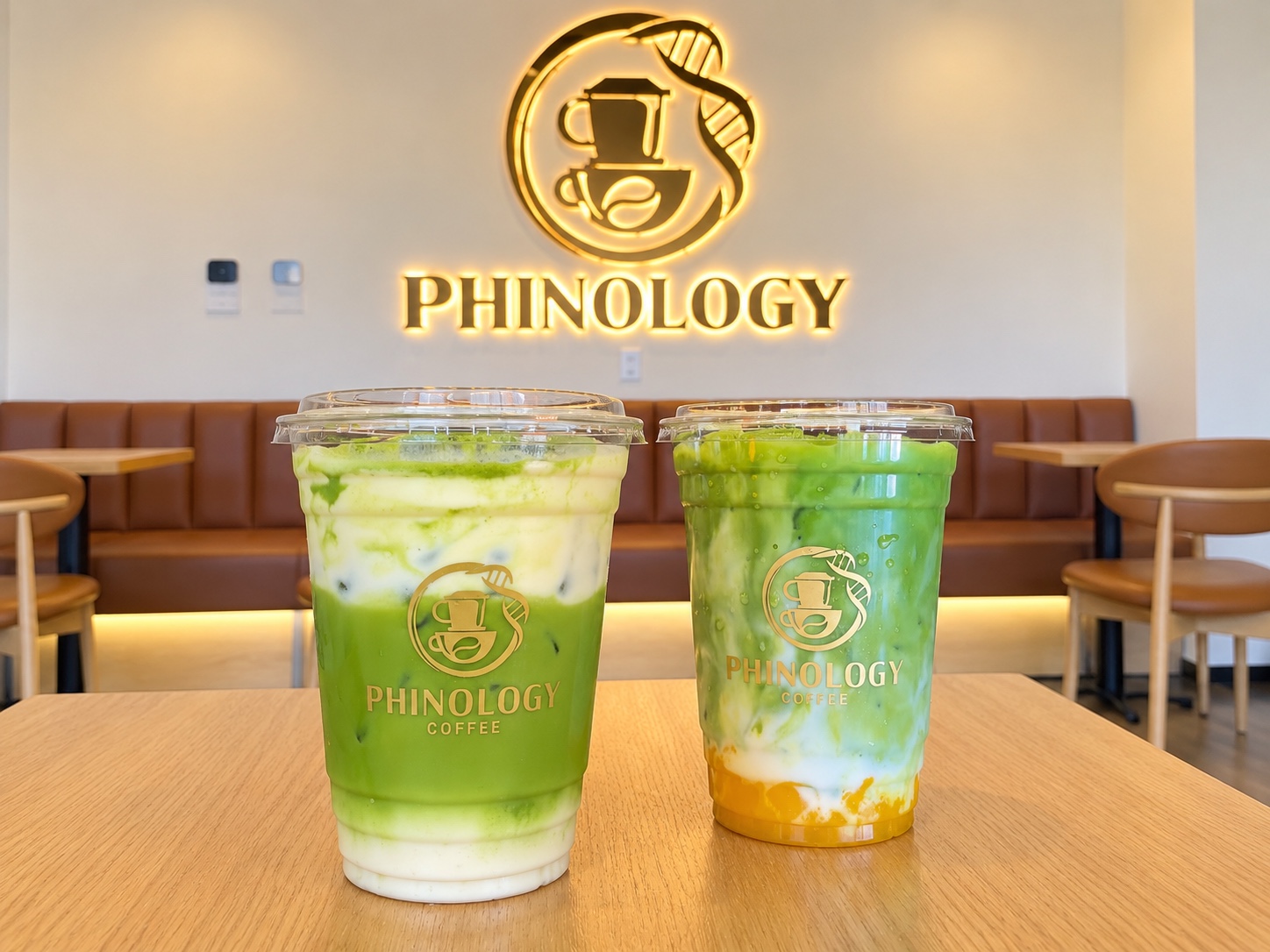 Two matcha drinks on a table beneath the glowing Phinology sign