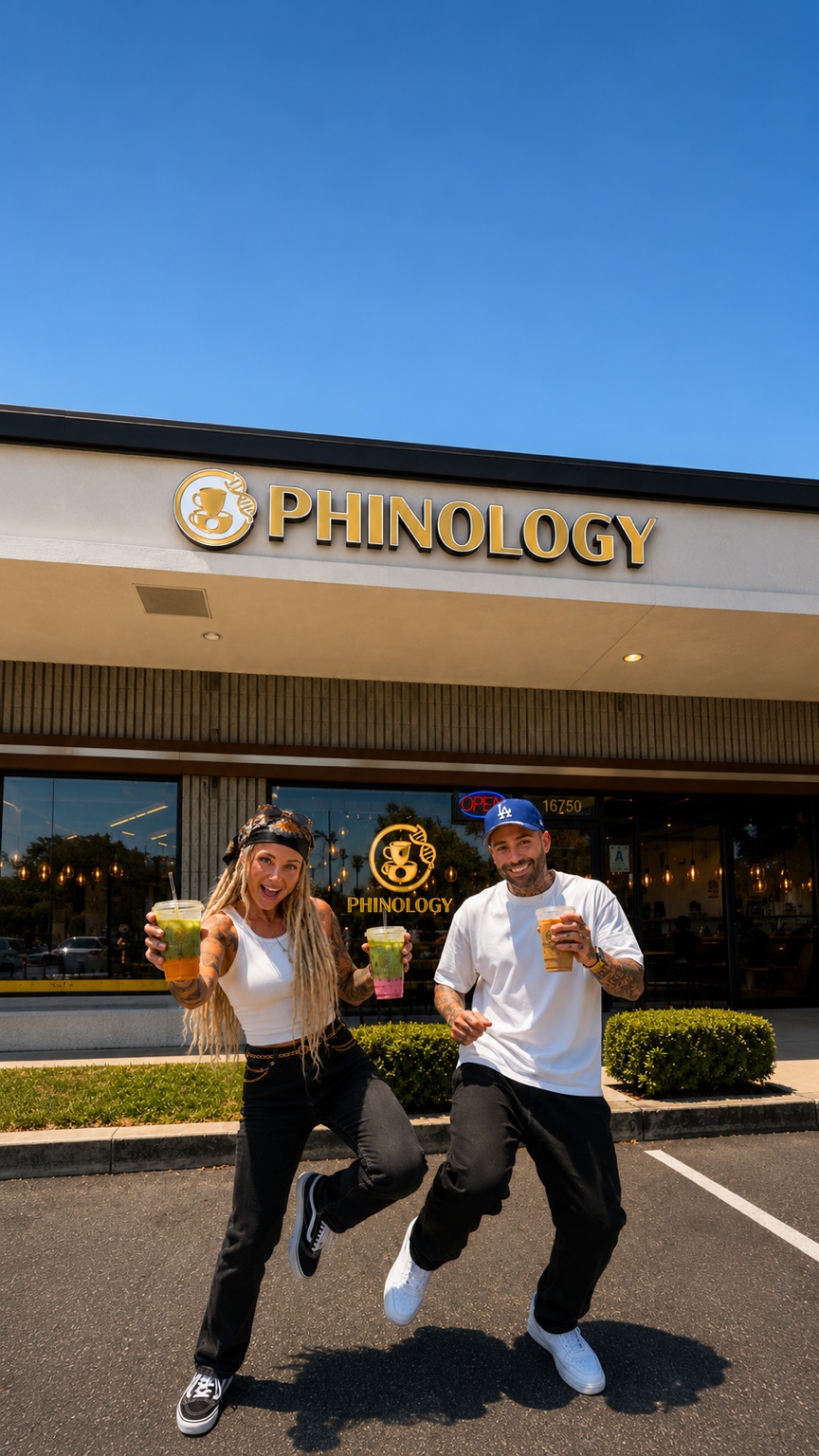 Lana and Kyle holding their drinks outside Phinology Coffee