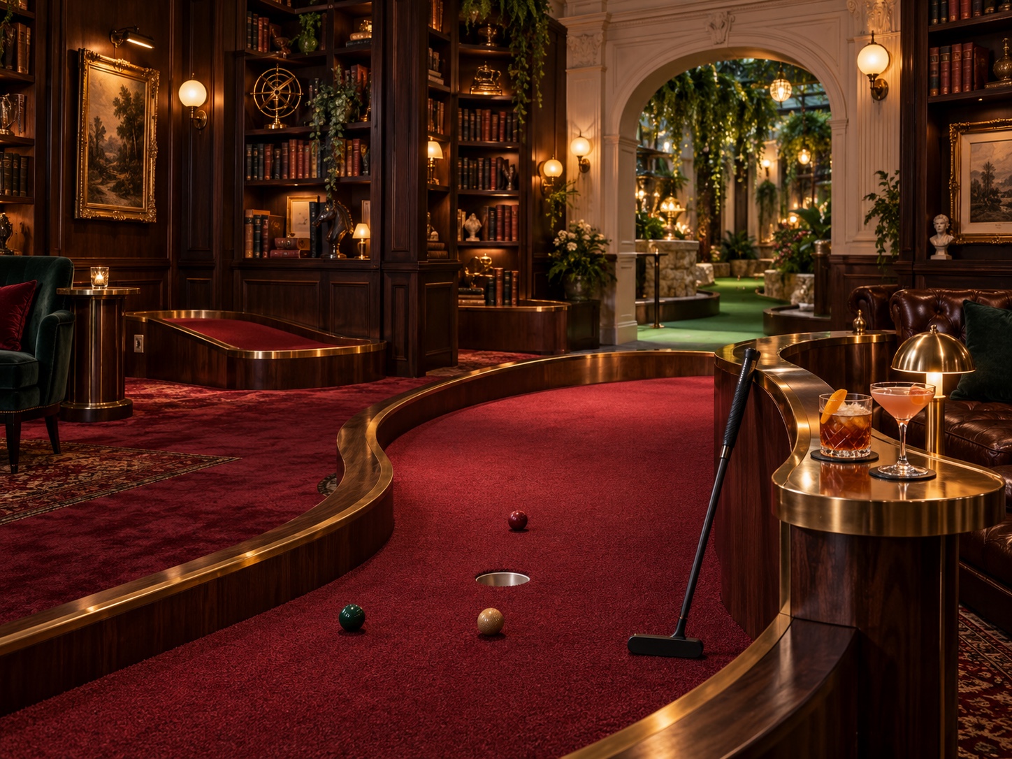 Red indoor mini golf course with library walls and cocktail tables
