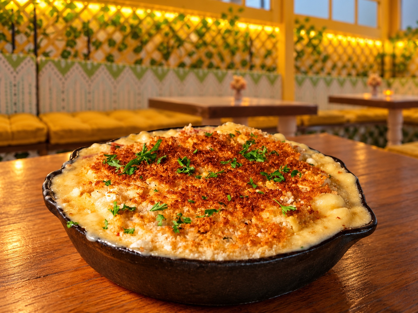 A golden topped skillet dish in Queenstown’s warmly lit dining room