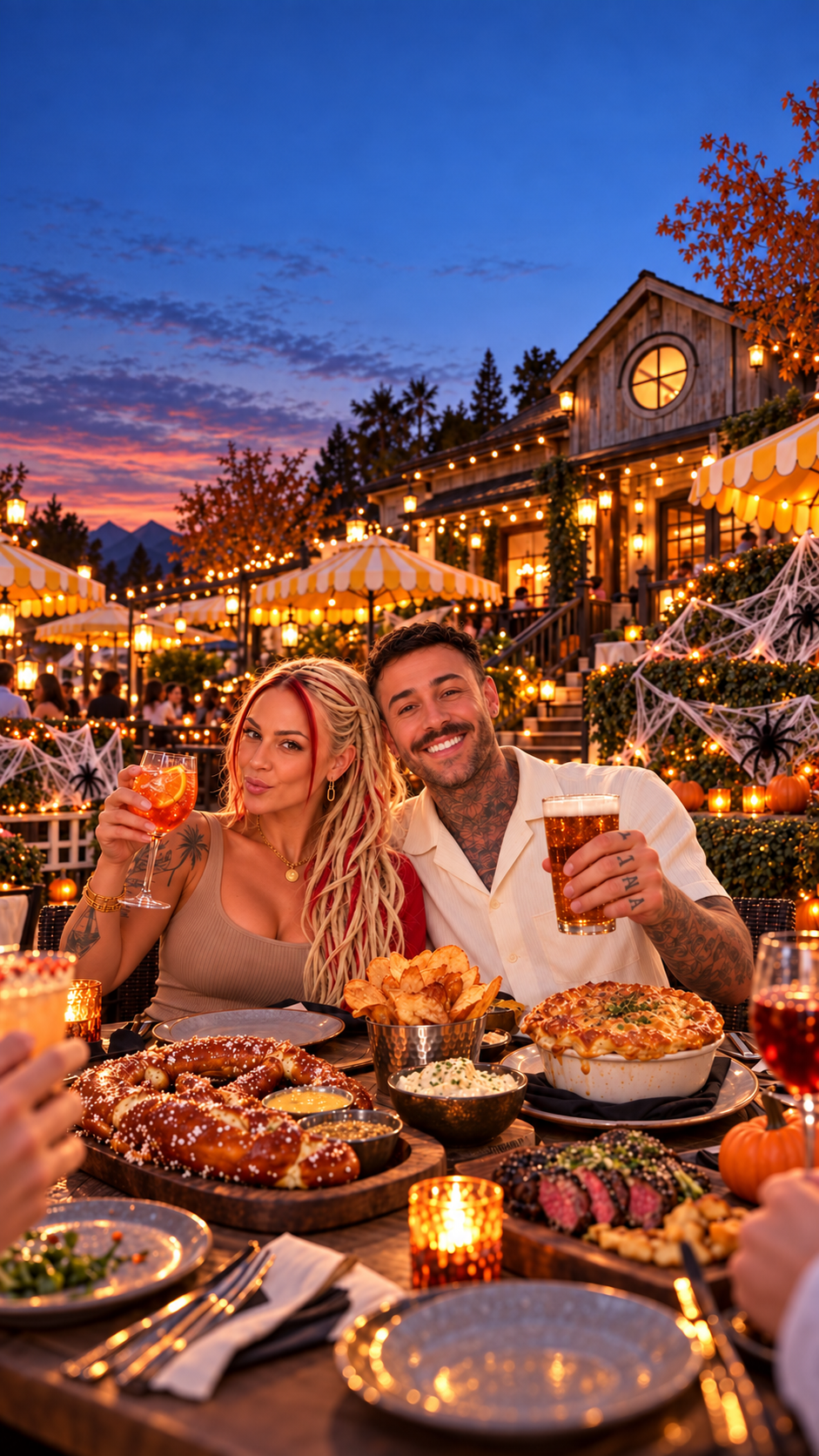 Lana and Kyle at a Queenstown Public House dinner table with seasonal Halloween decorations