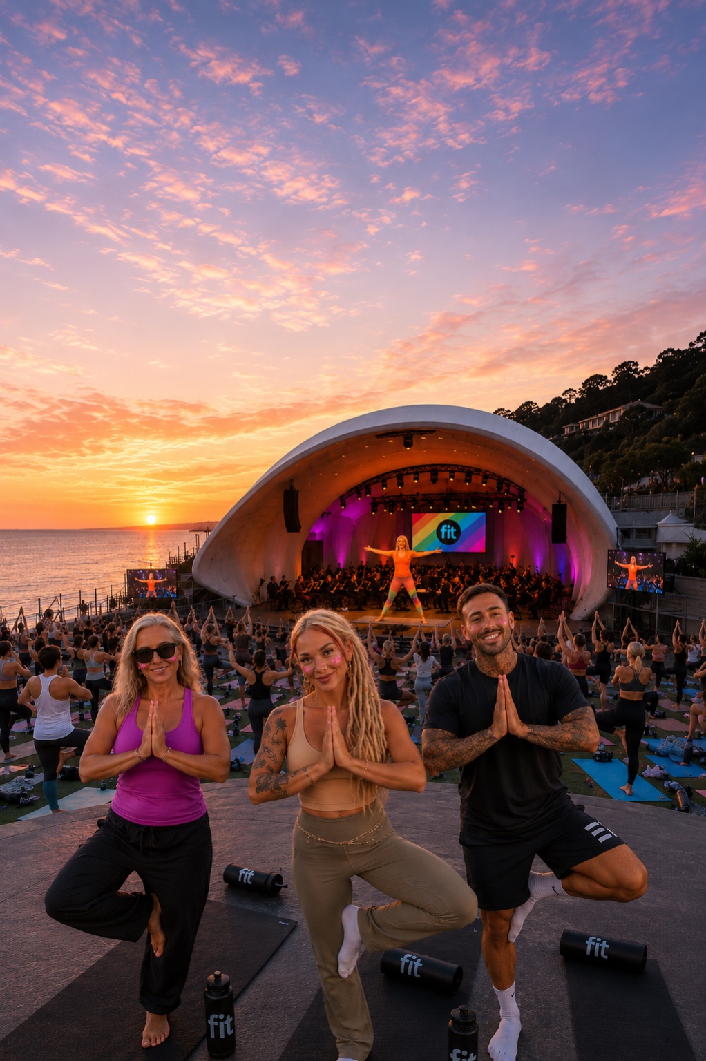 Lana, Kyle and their friend practicing yoga at FIT Pride Yoga at The Rady Shell
