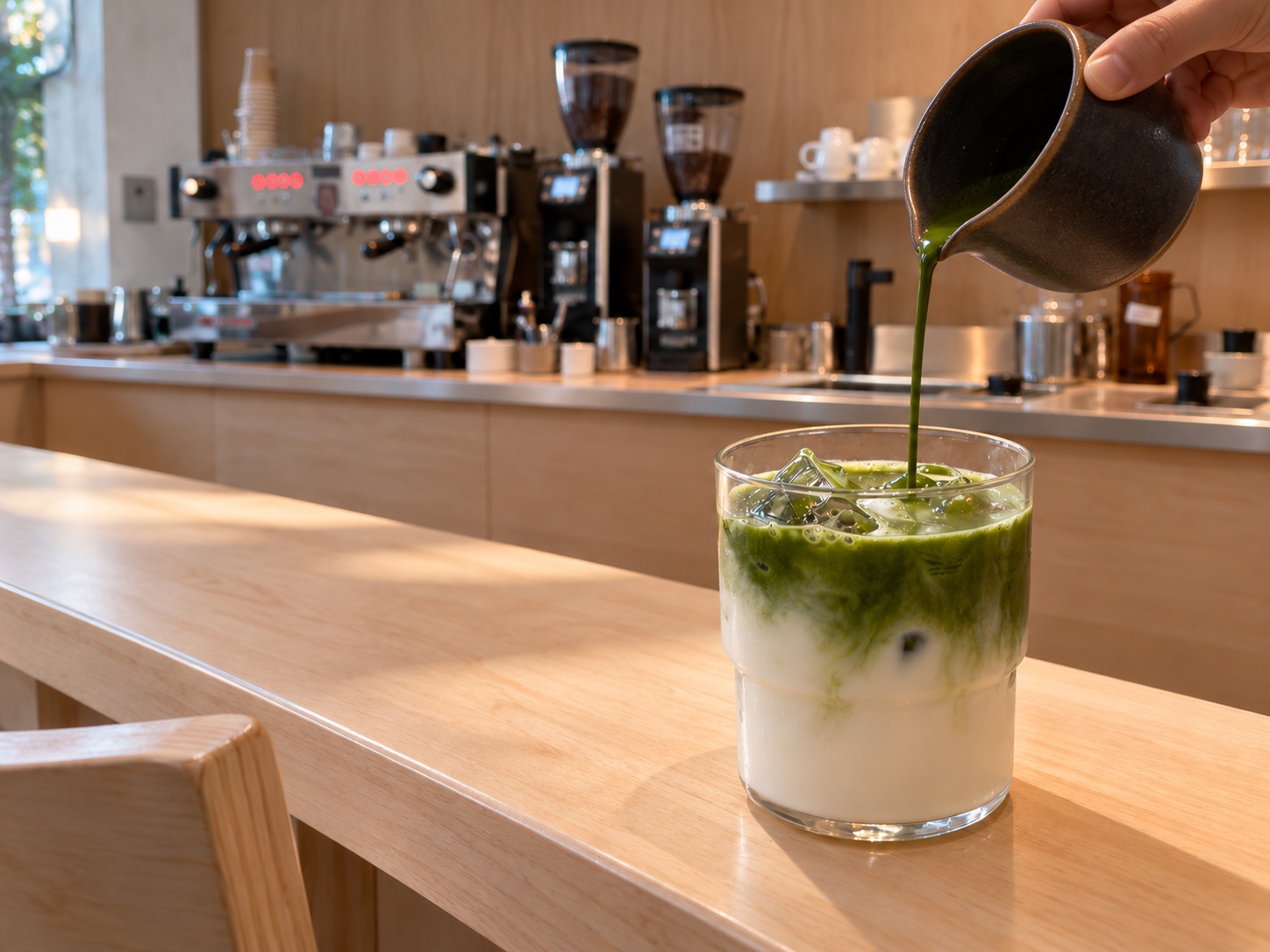 Matcha poured over iced milk at Rikka Fika’s sunlit wooden counter