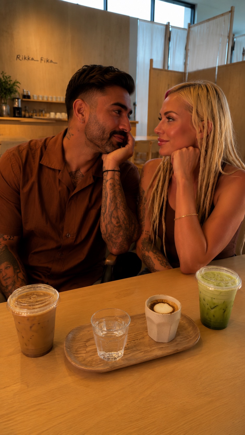 Lana and Kyle at Rikka Fika with iced coffee, matcha and espresso with cream top and sparkling water