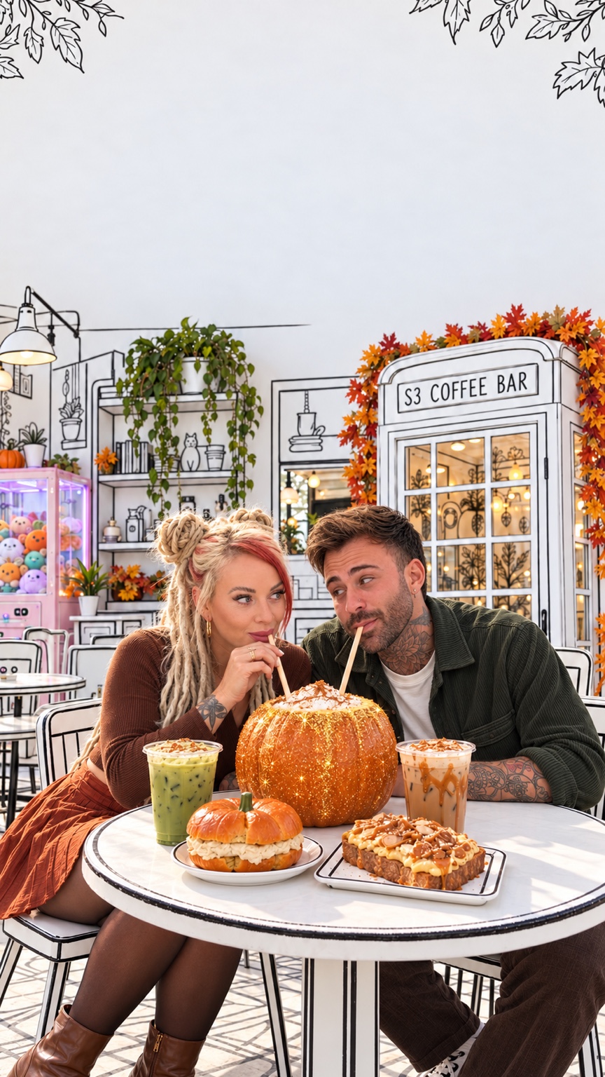 Lana and Kyle sharing a festive pumpkin drink at S3 Coffee Bar’s illustrated café