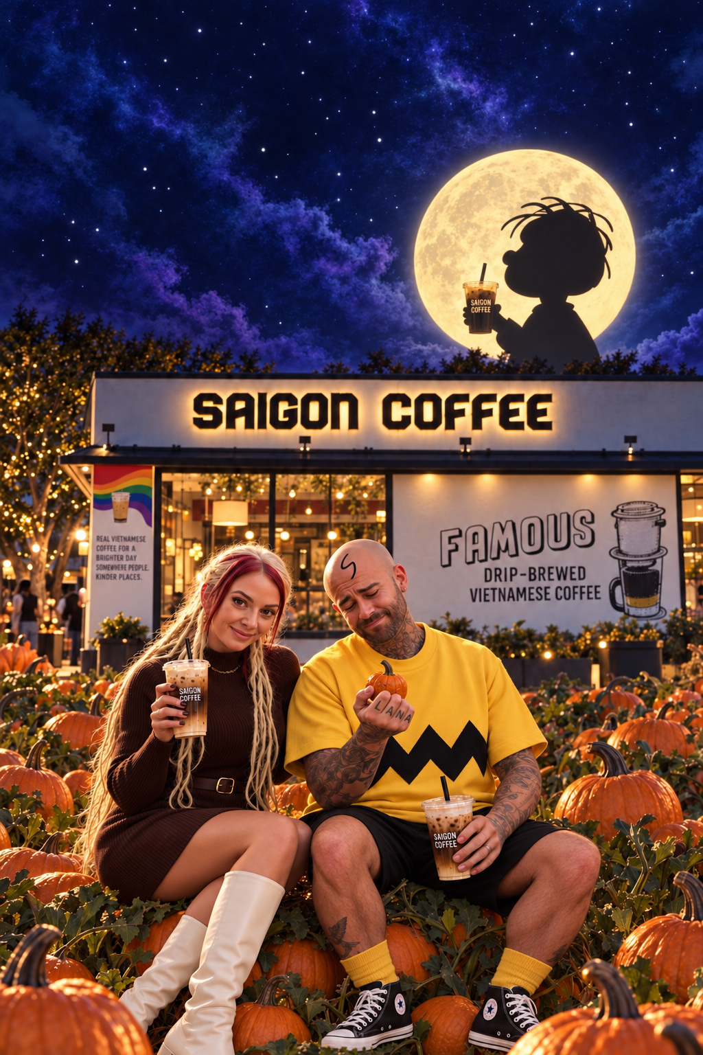 Lana and Kyle with coffee in a playful autumn scene outside Saigon Coffee