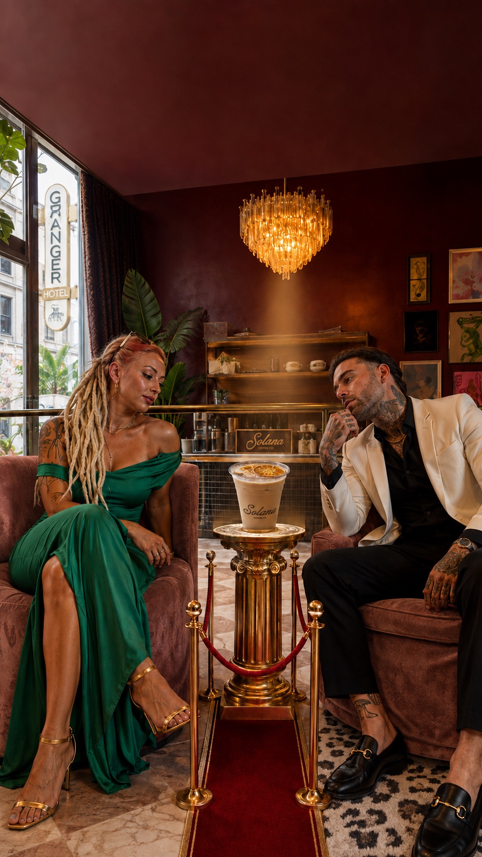 Lana and Kyle seated with coffee inside a burgundy and gold room inspired by The Granger Hotel