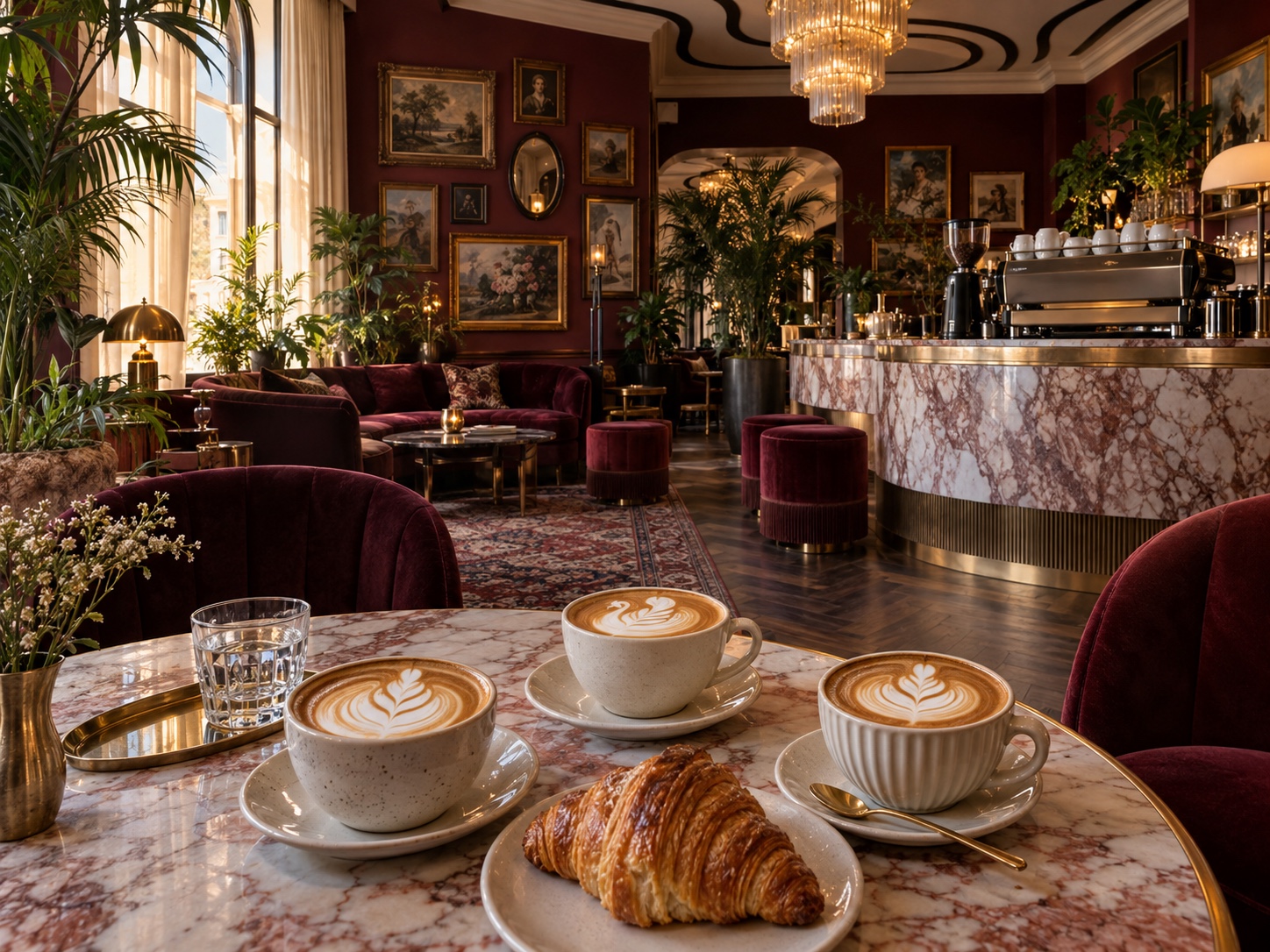 Three lattes and a croissant inside the burgundy lounge at The Granger Hotel