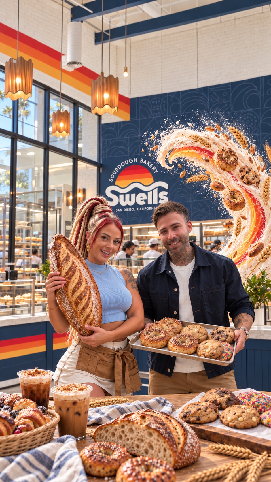 Lana and Kyle with sourdough, bagels and cookies in a colorful Swells bakery cover