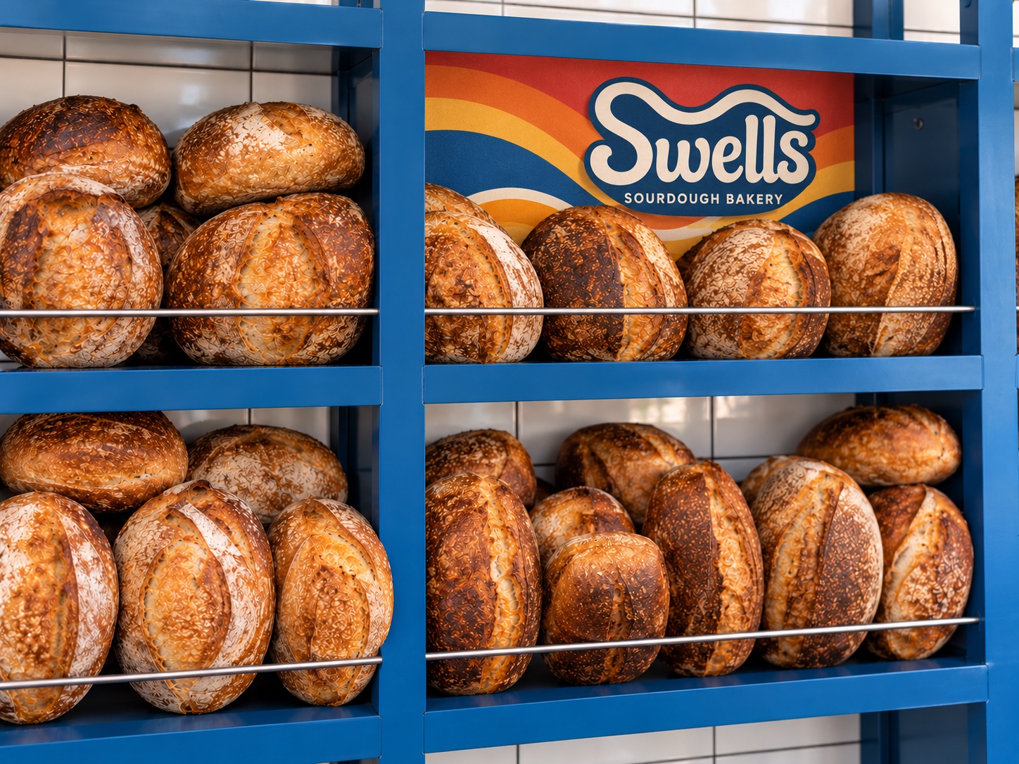 Sourdough loaves on blue shelves at Swells Sourdough Bakery