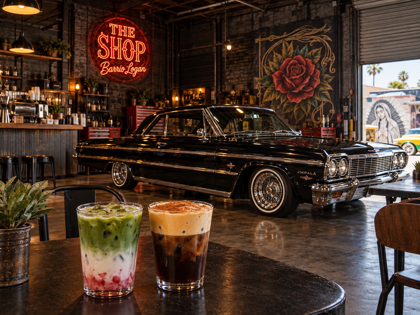 Colorful drinks, a classic lowrider and The Shop Café in Barrio Logan