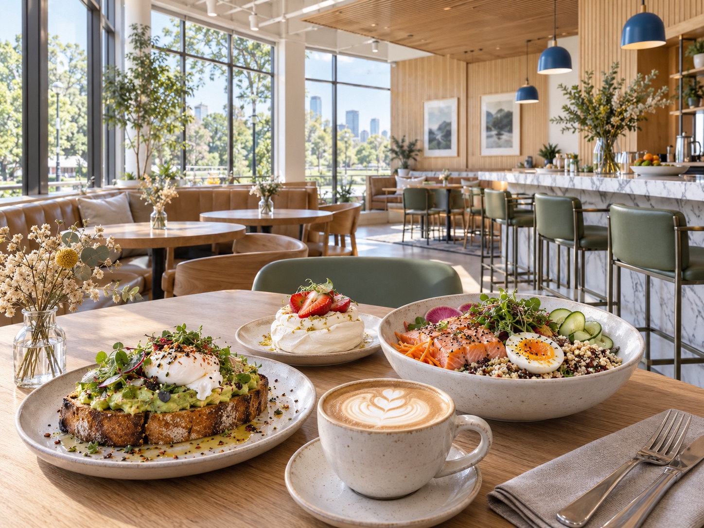 Avocado toast, salmon grain bowl, pavlova and latte in the bright Two Hands Denver dining room
