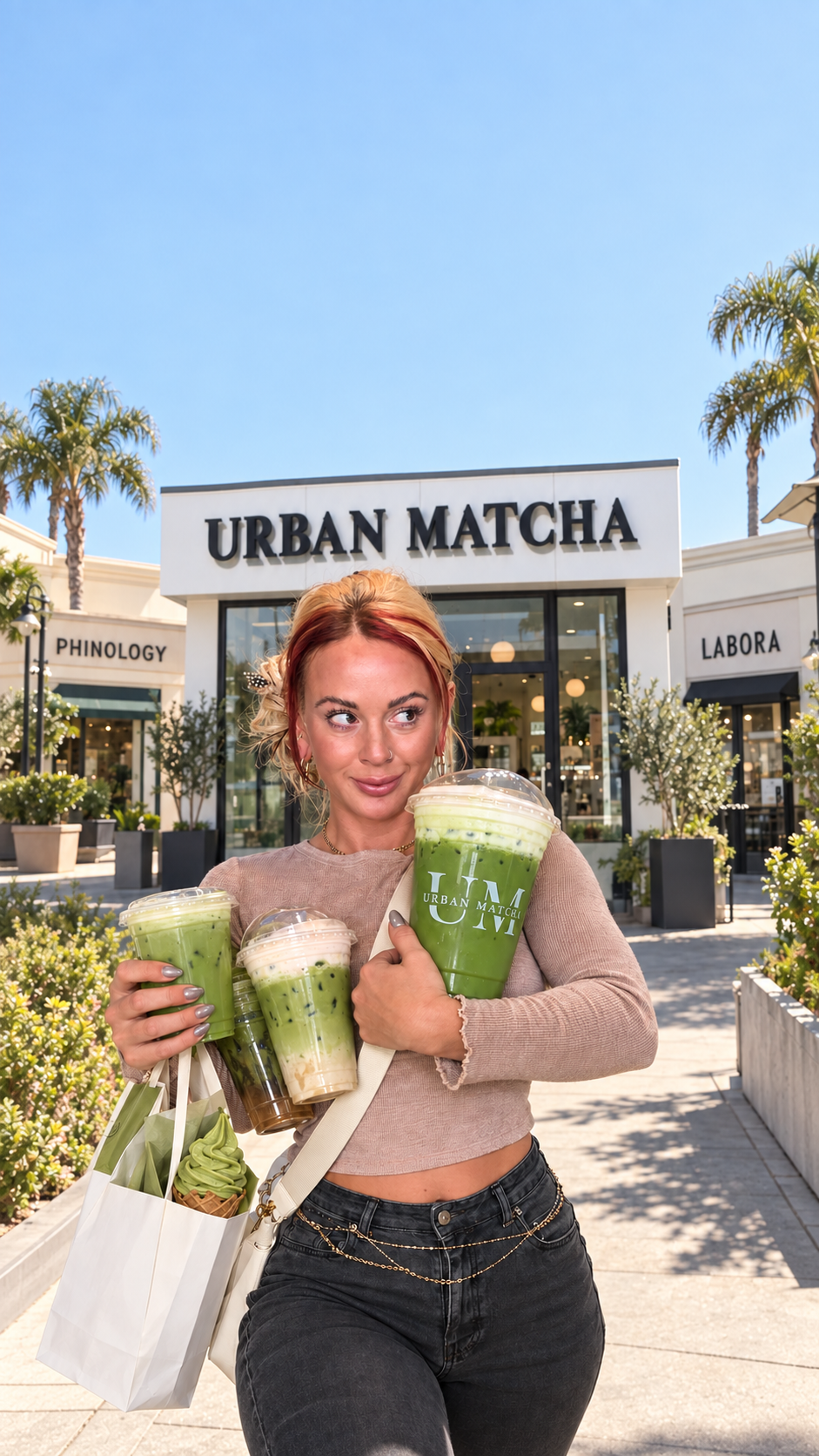 Lana holding matcha drinks outside Urban Matcha in San Diego