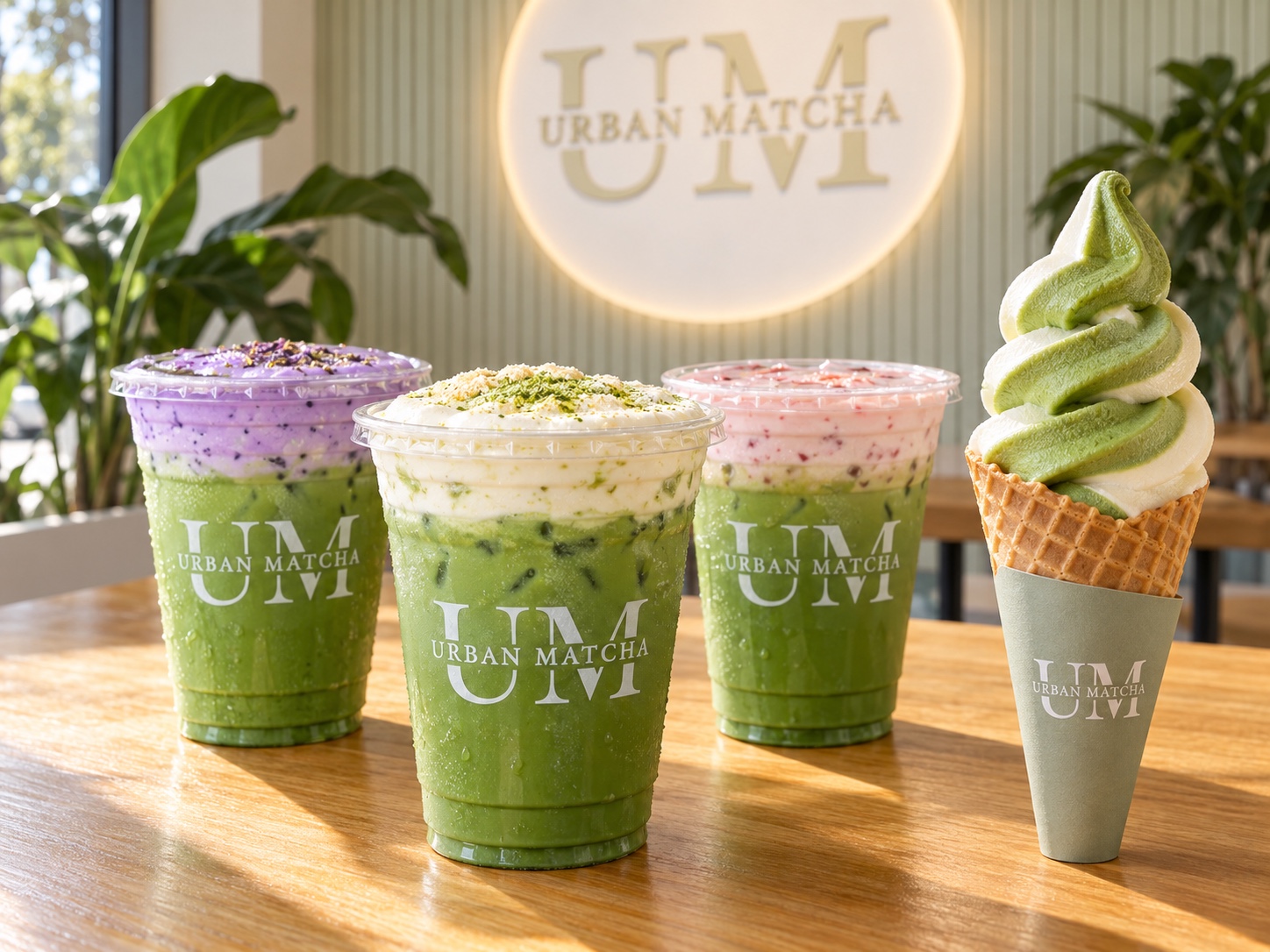 Urban Matcha drinks and matcha soft serve displayed inside the café