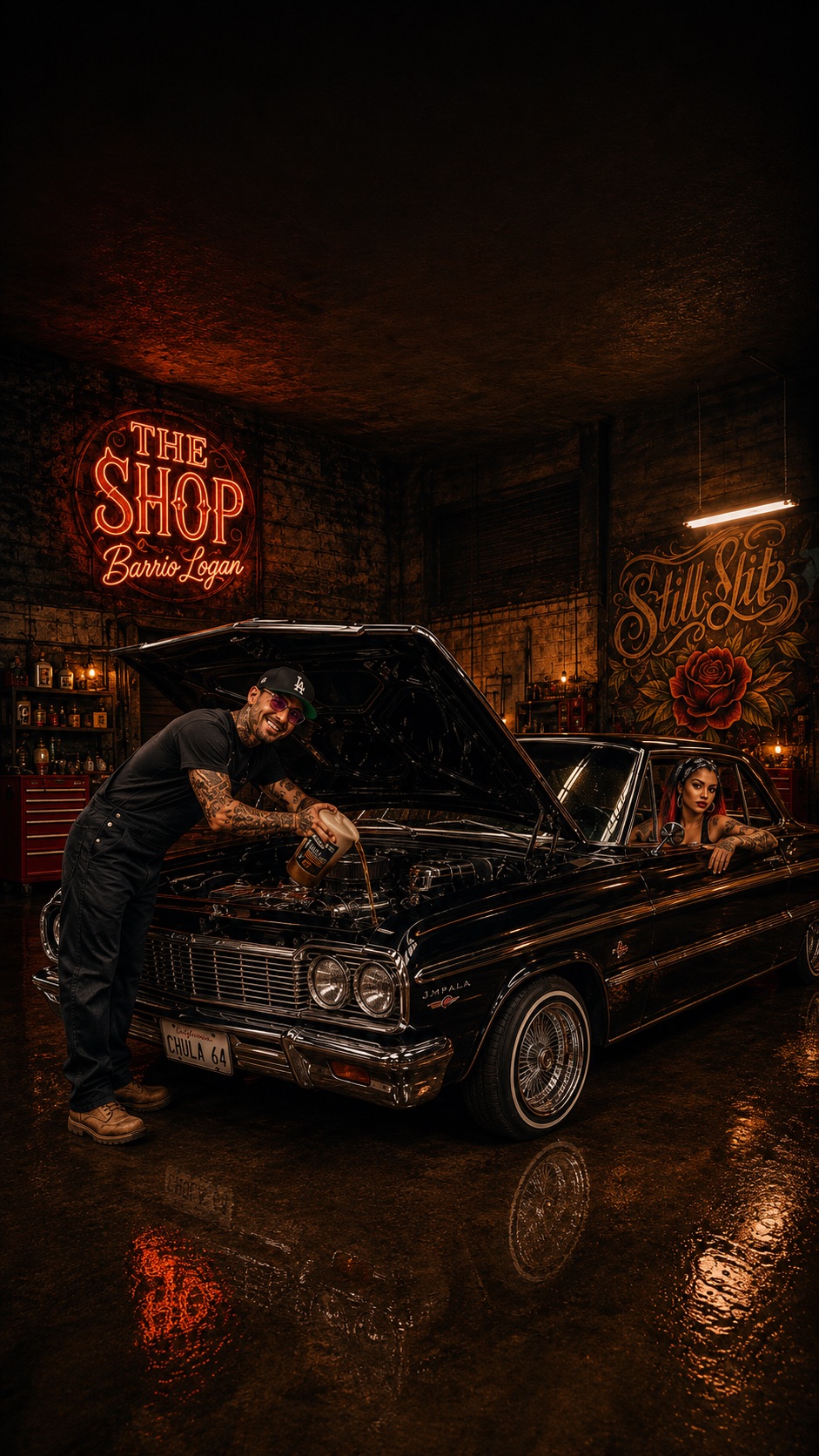 Lana and Kyle with a classic lowrider inside The Shop Barrio Logan