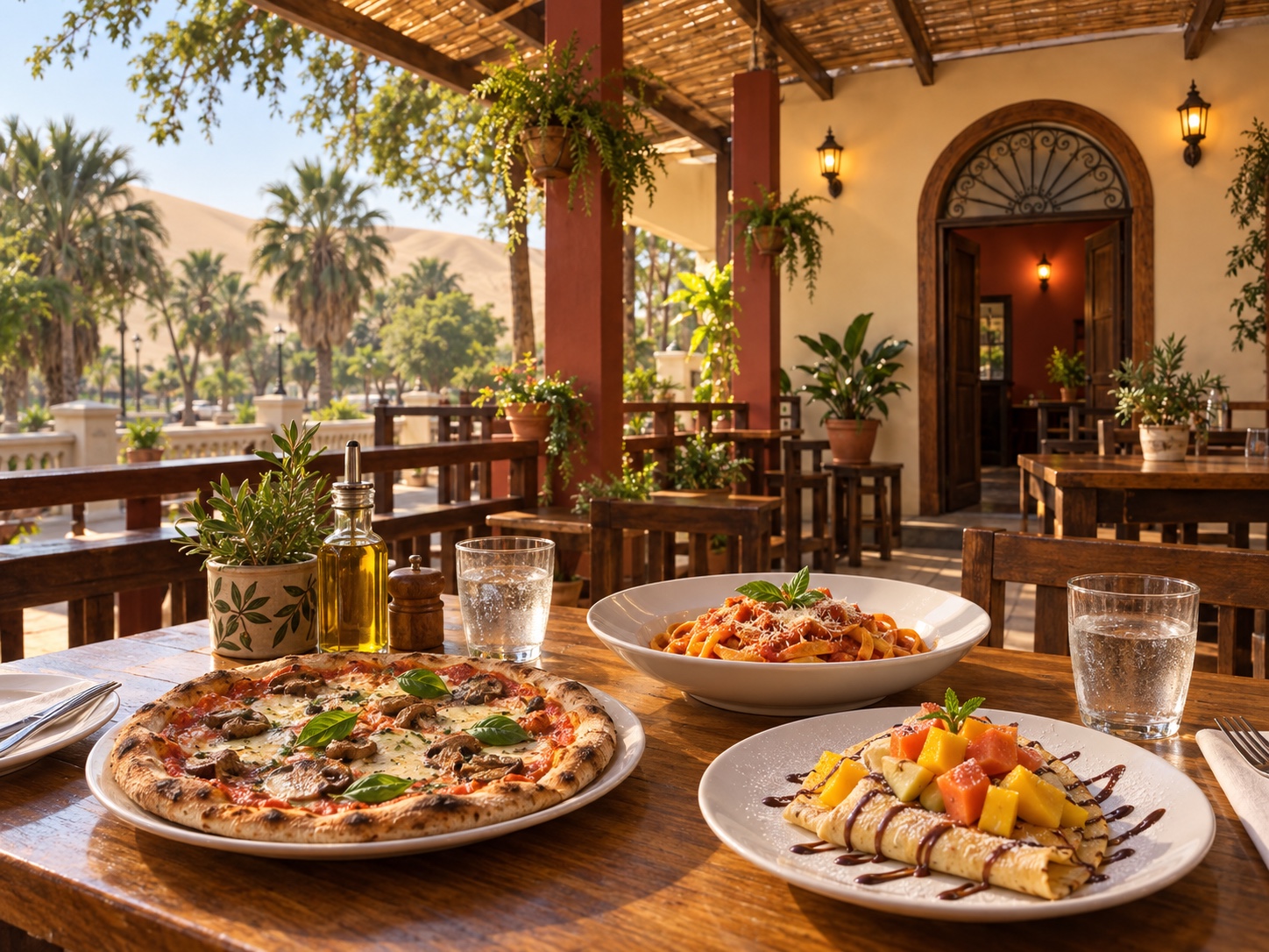 Pizza, pasta and fruit crepe on the Huacachina terrace at Wild Olive