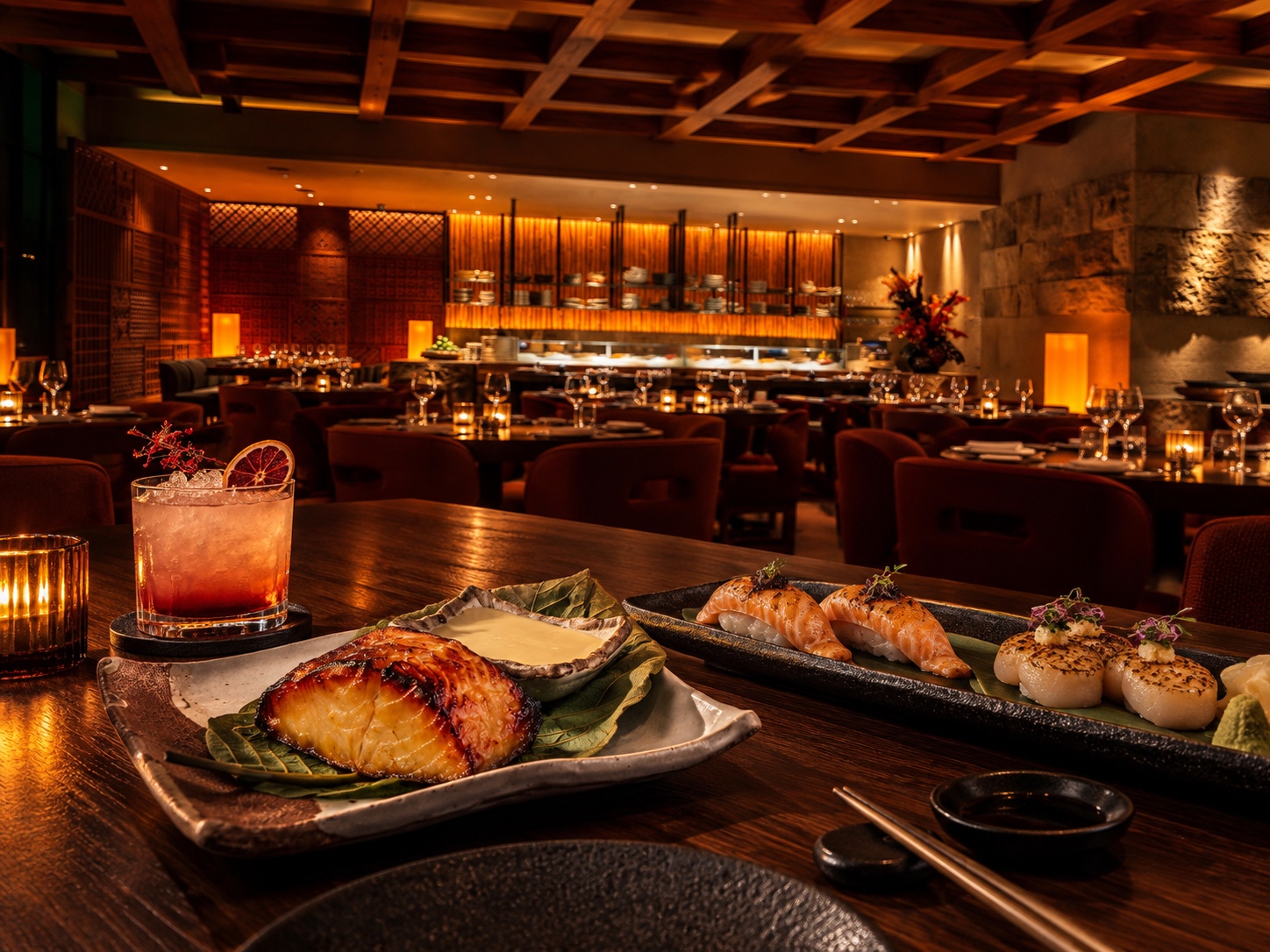 Miso black cod, sushi and a cocktail inside the warmly lit Zuma San Diego dining room