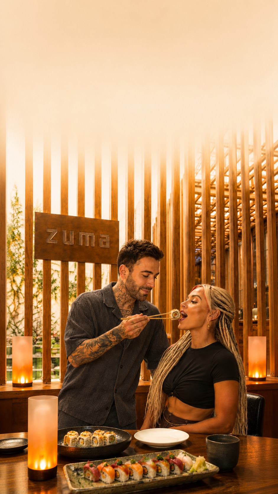 Kyle sharing a vegetable sushi roll with Lana inside Zuma San Diego